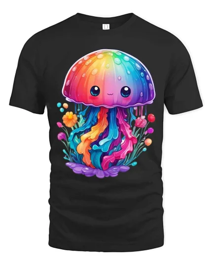 Cute Rainbow Jellyfish T Shirt Kawaii Ocean Fantasy Style Art - black t-shirt on white background