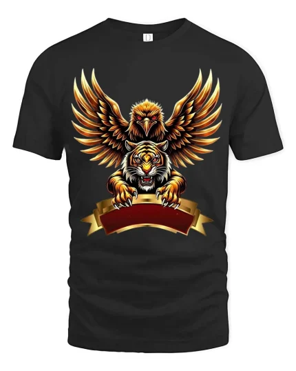 Eagle And Tiger Power Crest T Shirt Fierce Bold Animal Fusion Art - black t-shirt on white background