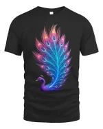 Neon Peacock Feather Glow T Shirt Vibrant Elegant Artistic Style - black t-shirt on white background