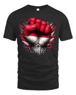 Powerful Red White Fist T Shirt Bold Strength Statement Graphic - black t-shirt on white background