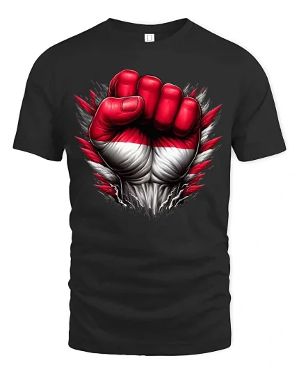 Powerful Red White Fist T Shirt Bold Strength Statement Graphic - black t-shirt on white background