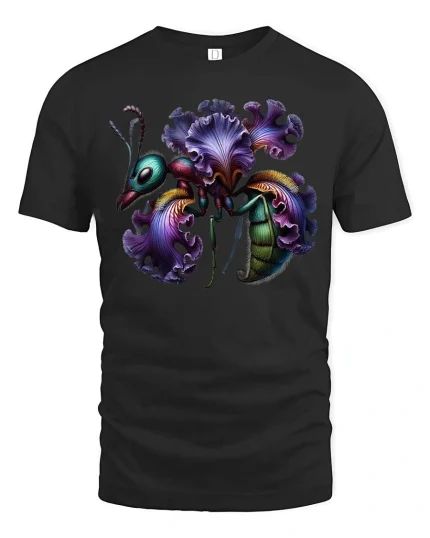 Surreal Floral Insect T Shirt Artistic Fantasy Nature Design - black t-shirt on white background
