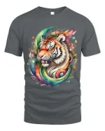 Rainbow Tiger Splash Art T Shirt Bold Colorful Wild Energy Style - gray t-shirt on white background