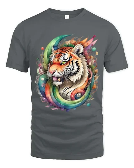 Rainbow Tiger Splash Art T Shirt Bold Colorful Wild Energy Style - gray t-shirt on white background