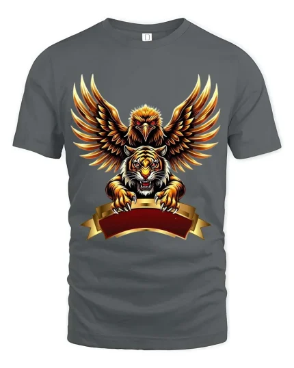 Eagle And Tiger Power Crest T Shirt Fierce Bold Animal Fusion Art - gray t-shirt on white background