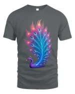 Neon Peacock Feather Glow T Shirt Vibrant Elegant Artistic Style - gray t-shirt on white background