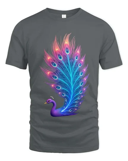 Neon Peacock Feather Glow T Shirt Vibrant Elegant Artistic Style - gray t-shirt on white background