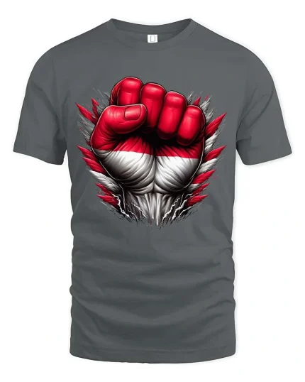 Powerful Red White Fist T Shirt Bold Strength Statement Graphic - gray t-shirt on white background