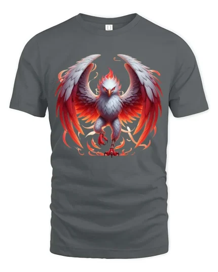 Fiery Phoenix Eagle T Shirt Mythical Flame Wings Power Design - gray t-shirt on white background