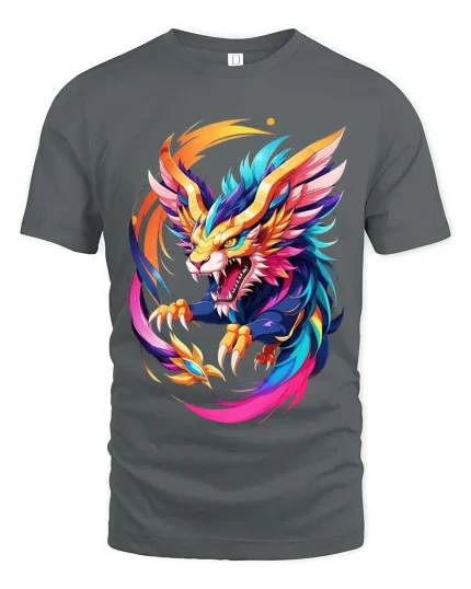 Colorful Dragon Beast T Shirt Vibrant Fantasy Power Art Style - gray t-shirt on white background