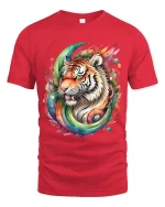 Rainbow Tiger Splash Art T Shirt Bold Colorful Wild Energy Style - red t-shirt on white background