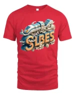 Retro Vibes Train T Shirt Vintage Style Travel Graphic Design - red t-shirt on white background