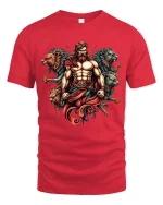 Mythical Warrior Lion T Shirt Legendary Strength Power Art Style - red t-shirt on white background
