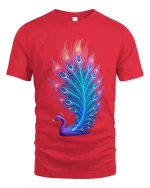 Neon Peacock Feather Glow T Shirt Vibrant Elegant Artistic Style - red t-shirt on white background