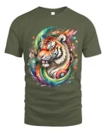 Rainbow Tiger Splash Art T Shirt Bold Colorful Wild Energy Style - military green t-shirt on white background