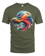Colorful Flow Fish T Shirt Abstract Artistic Ocean Style Design - military green t-shirt on white background
