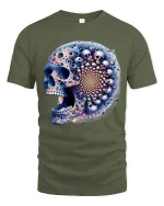 Fractal Skull T Shirt Psychedelic Cosmic Mind Bend Art Style - military green t-shirt on white background