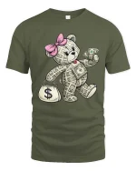Money Bear T Shirt Cute Cash Lover Funny Rich Vibes Graphic - military green t-shirt on white background