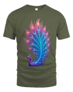 Neon Peacock Feather Glow T Shirt Vibrant Elegant Artistic Style - military green t-shirt on white background