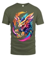 Colorful Dragon Beast T Shirt Vibrant Fantasy Power Art Style - military green t-shirt on white background