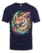 Rainbow Tiger Splash Art T Shirt Bold Colorful Wild Energy Style - navy t-shirt on white background