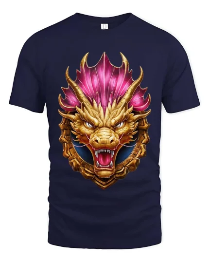 Golden Dragon Crest T Shirt Fierce Mythical Power Emblem Style - navy t-shirt on white background