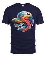 Colorful Flow Fish T Shirt Abstract Artistic Ocean Style Design - navy t-shirt on white background