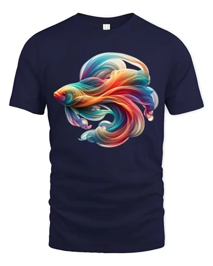 Colorful Flow Fish T Shirt Abstract Artistic Ocean Style Design - navy t-shirt on white background
