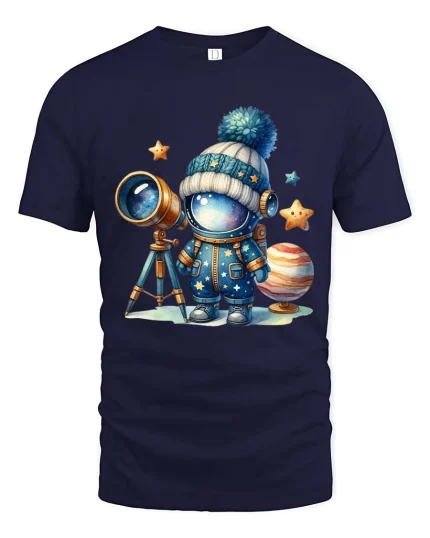 Cute Astronaut Space T Shirt Cartoon Galaxy Explorer Style Art - navy t-shirt on white background
