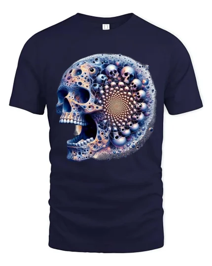 Fractal Skull T Shirt Psychedelic Cosmic Mind Bend Art Style - navy t-shirt on white background