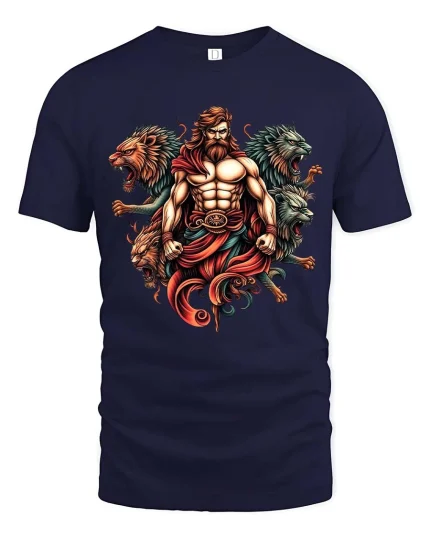 Mythical Warrior Lion T Shirt Legendary Strength Power Art Style - navy t-shirt on white background