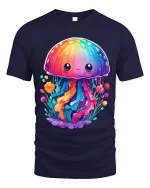 Cute Rainbow Jellyfish T Shirt Kawaii Ocean Fantasy Style Art - navy t-shirt on white background