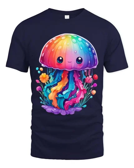 Cute Rainbow Jellyfish T Shirt Kawaii Ocean Fantasy Style Art - navy t-shirt on white background