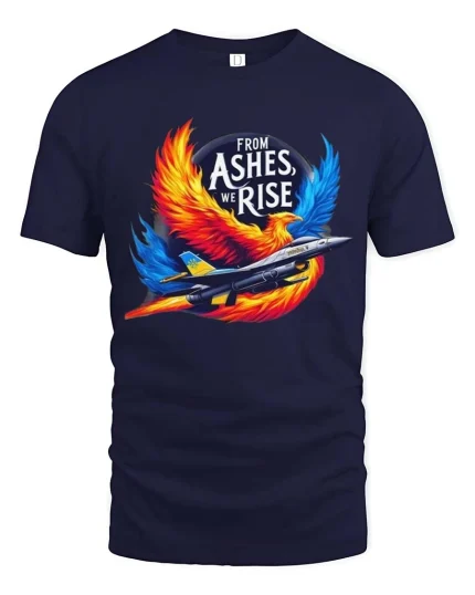 From Ashes We Rise Phoenix Jet T Shirt Bold Fighter Spirit Art - navy t-shirt on white background