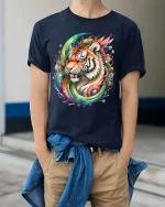 Rainbow Tiger Splash Art T Shirt Bold Colorful Wild Energy Style - model wearing navy tee with hands in pockets