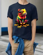 Neon Frog Art T Shirt Colorful Cute Psychedelic Animal Style - model wearing navy tee with hands in pockets