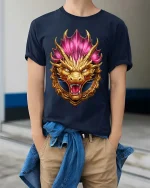 Golden Dragon Crest T Shirt Fierce Mythical Power Emblem Style - model wearing navy tee with hands in pockets