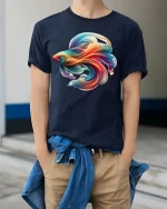 Colorful Flow Fish T Shirt Abstract Artistic Ocean Style Design - model wearing navy tee with hands in pockets