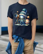 Cute Astronaut Space T Shirt Cartoon Galaxy Explorer Style Art - model wearing navy tee with hands in pockets