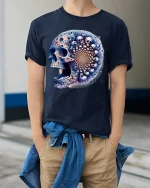 Fractal Skull T Shirt Psychedelic Cosmic Mind Bend Art Style - model wearing navy tee with hands in pockets