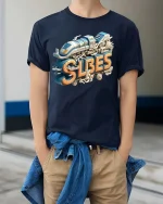 Retro Vibes Train T Shirt Vintage Style Travel Graphic Design - model wearing navy tee with hands in pockets