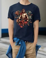 Mythical Warrior Lion T Shirt Legendary Strength Power Art Style - model wearing navy tee with hands in pockets