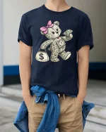 Money Bear T Shirt Cute Cash Lover Funny Rich Vibes Graphic - model wearing navy tee with hands in pockets