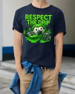 Respect The Drip Soccer T Shirt Funny Slime Goalkeeper Style - model wearing navy tee with hands in pockets