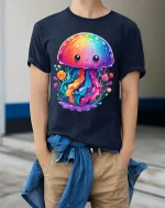 Cute Rainbow Jellyfish T Shirt Kawaii Ocean Fantasy Style Art - model wearing navy tee with hands in pockets