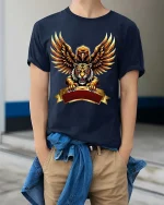 Eagle And Tiger Power Crest T Shirt Fierce Bold Animal Fusion Art - model wearing navy tee with hands in pockets