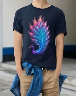 Neon Peacock Feather Glow T Shirt Vibrant Elegant Artistic Style - model wearing navy tee with hands in pockets
