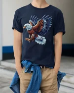 Majestic Flying Eagle T Shirt Bold Patriotic Freedom Style Art - model wearing navy tee with hands in pockets