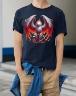 Fiery Phoenix Eagle T Shirt Mythical Flame Wings Power Design - model wearing navy tee with hands in pockets