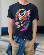 Colorful Dragon Beast T Shirt Vibrant Fantasy Power Art Style - model wearing navy tee with hands in pockets